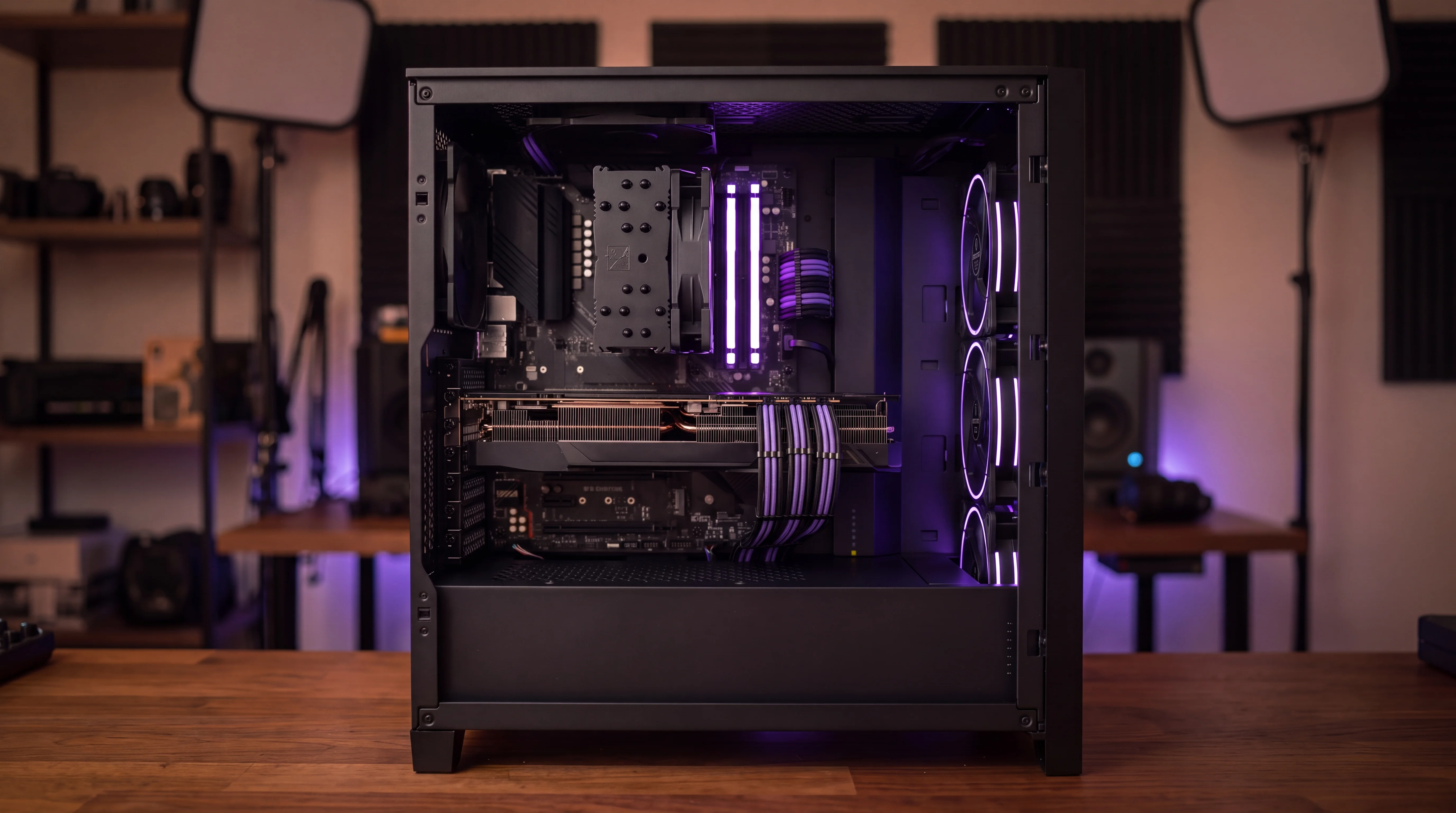 Geöffneter Gaming-PC mit Blick auf Grafikkarte, CPU-Kühler, RAM, Mainboard, Netzteil und Lüfter